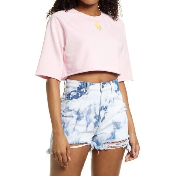 BP Womens Small Organic Cotton Crop Sweatshirt Pink Flower Embroidered 1699 - Picture 1 of 7